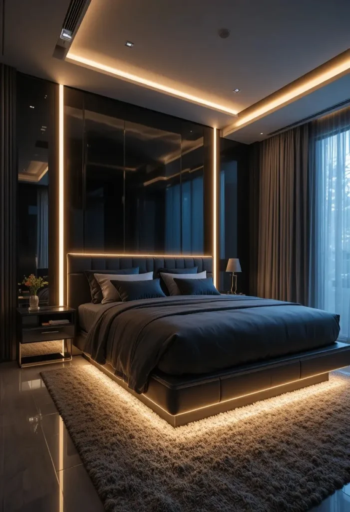 Black and silver bedroom enhanced with stylish ambient LED lighting.