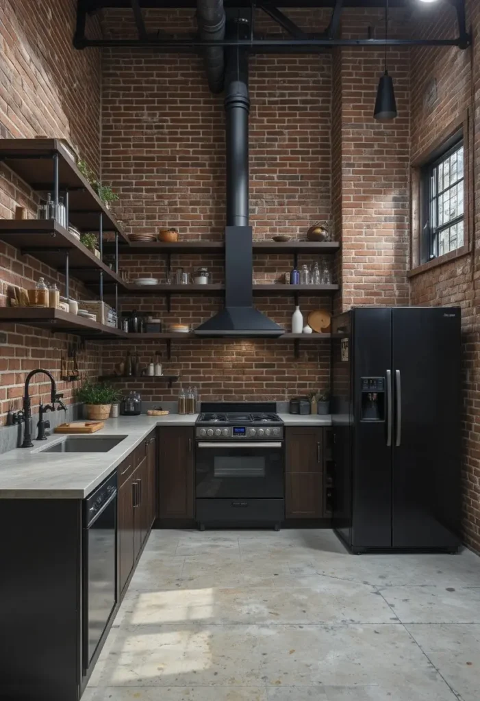 Industrial kitchen with exposed brick and black appliances