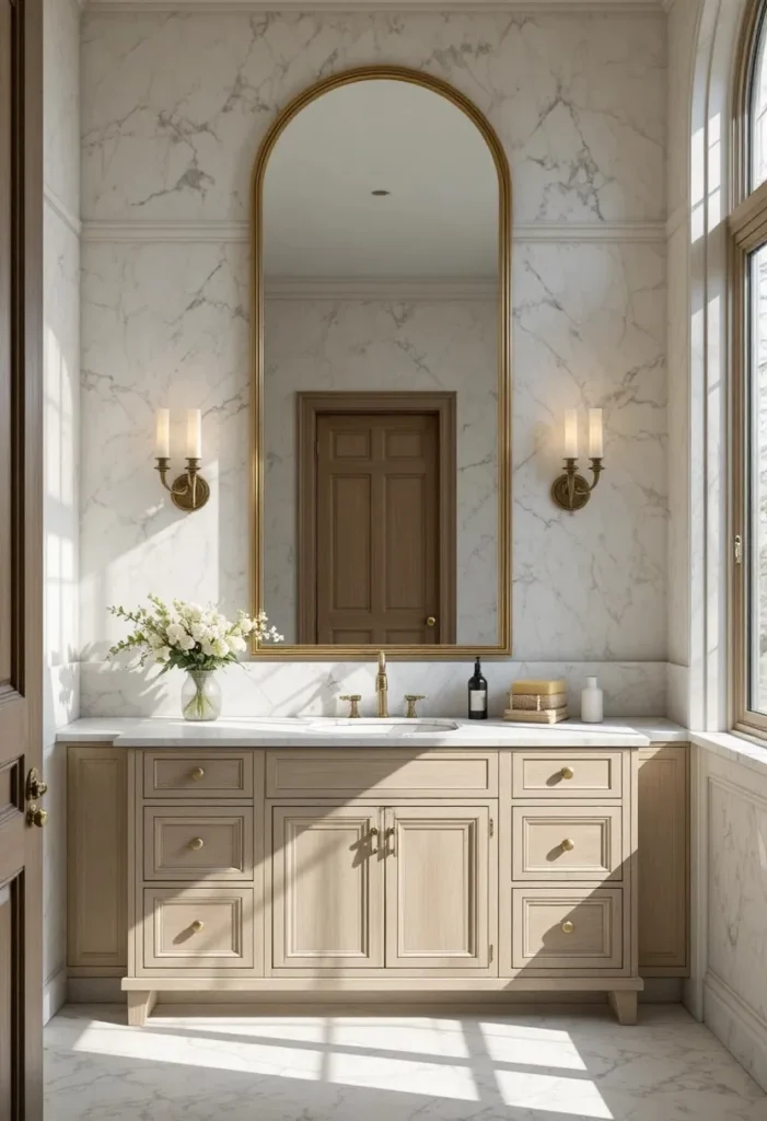Elegant arched bathroom mirror with a brass frame above a marble vanity in a timeless bathroom.