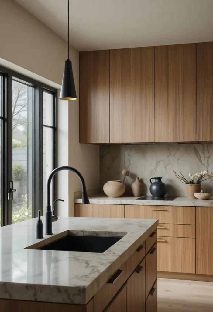 Japandi kitchen using subtle matte black accents with warm oak cabinetry.
