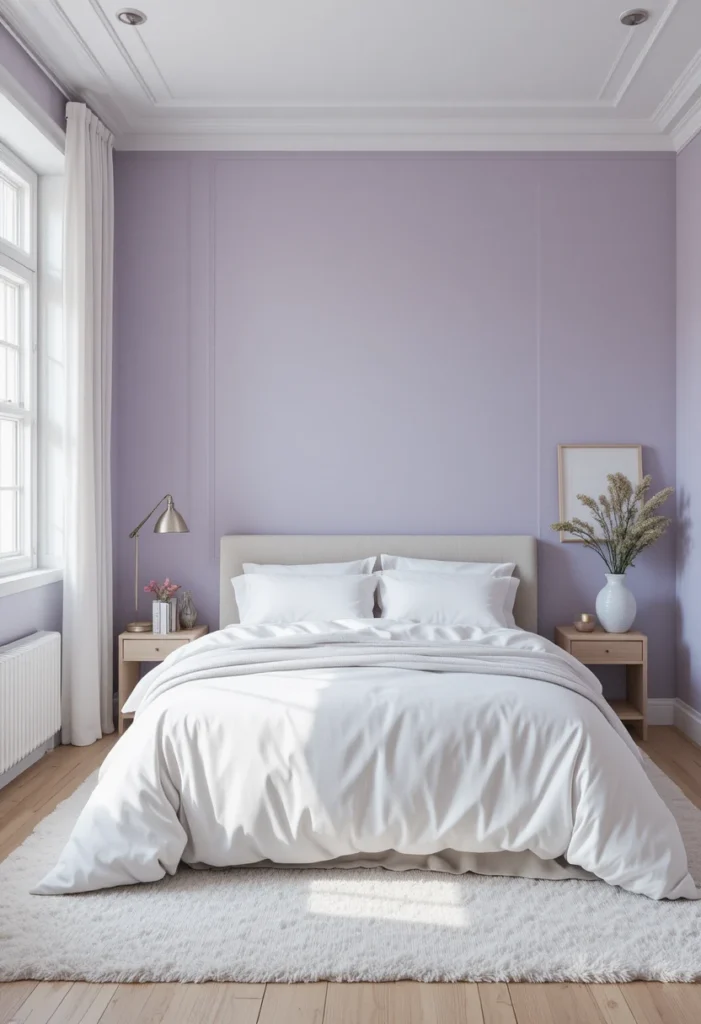 Lilac and white bedroom with minimalist decor and a fresh, airy feel.