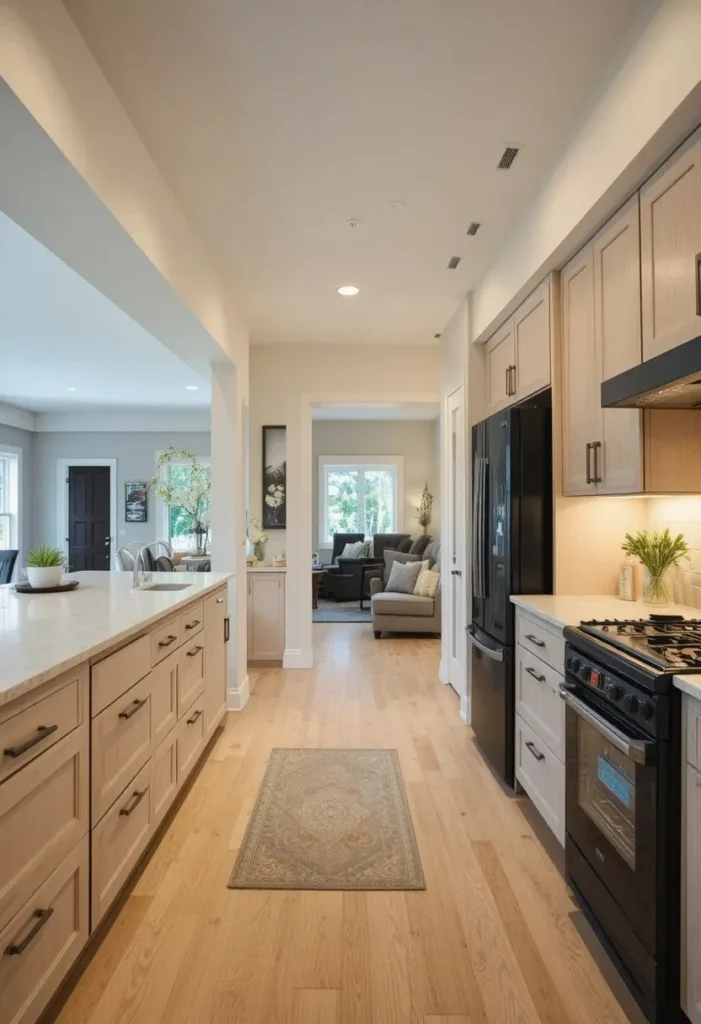 Open plan kitchen where black appliances act as a bold focal point
