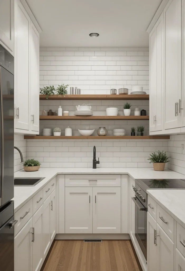 Galley kitchen with vertically stacked white backsplash tiles making the ceiling appear taller.
