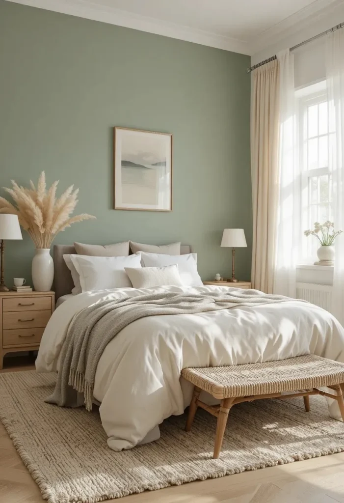 Sage green bedroom accent wall with cream bedding and natural rattan furniture.