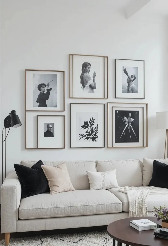 Scandinavian gallery wall with black and white prints arranged above a neutral sofa.