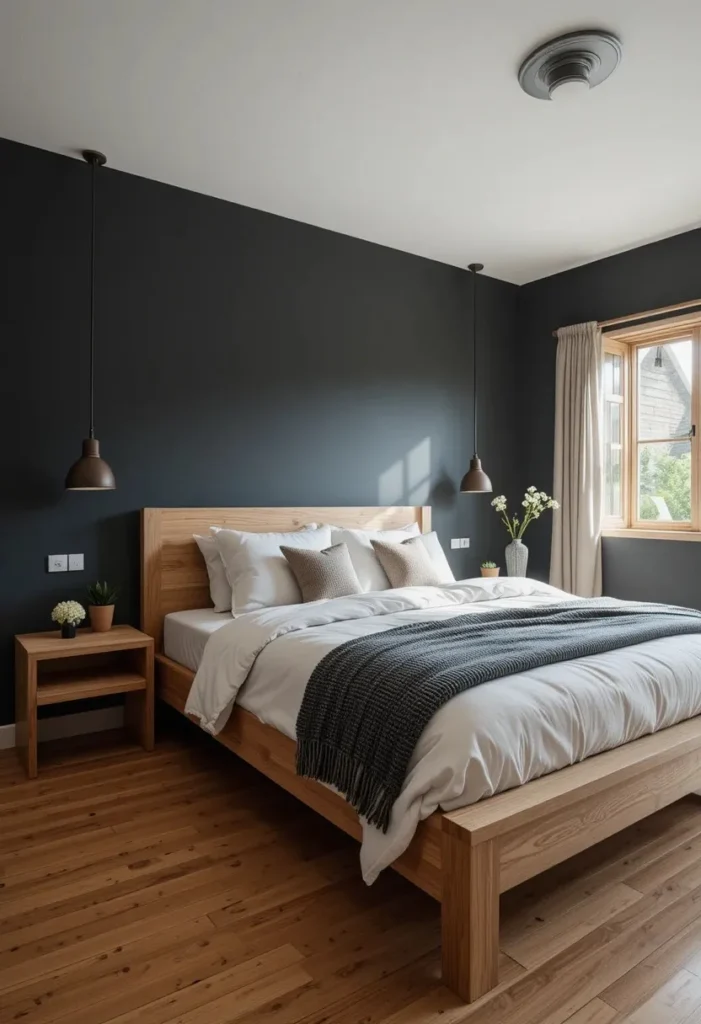 Warm bedroom combining black walls with natural wood furniture