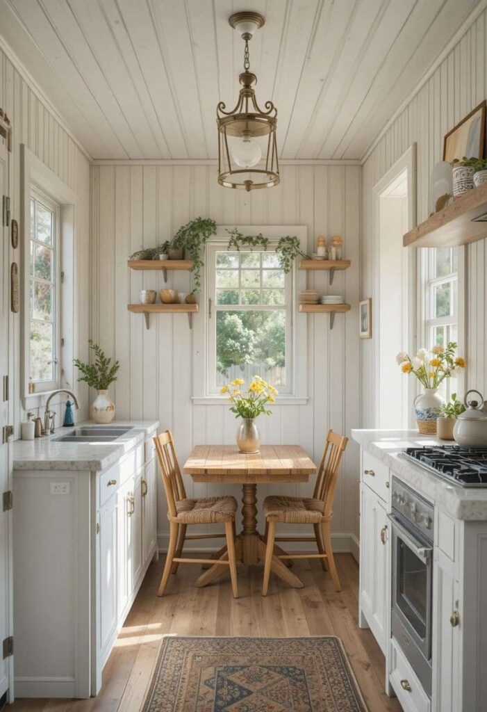 Small kitchen featuring full-height white beadboard walls for maximum cottage charm.