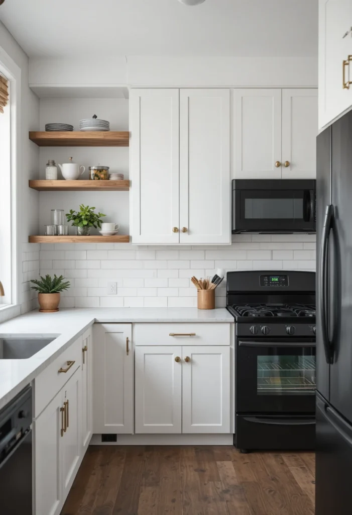 Modern kitchen with black appliances and crisp white shaker cabinets