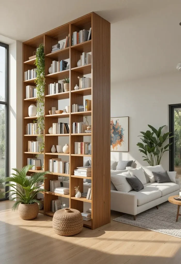 Open-back bookshelf used as a stylish living room divider with books and plants.