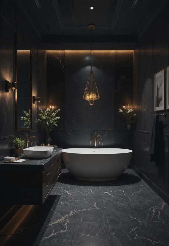 Black bathroom featuring layered warm ambient lighting for a luxurious atmosphere.
