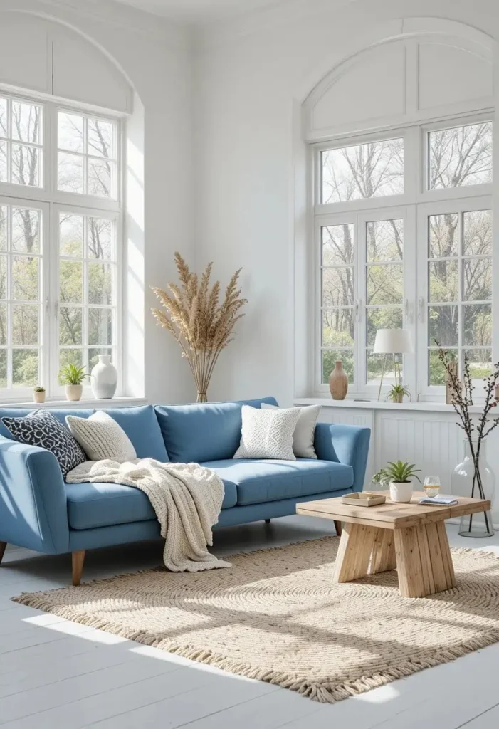 Blue couch in a bright living room with white walls and textured neutral decor.