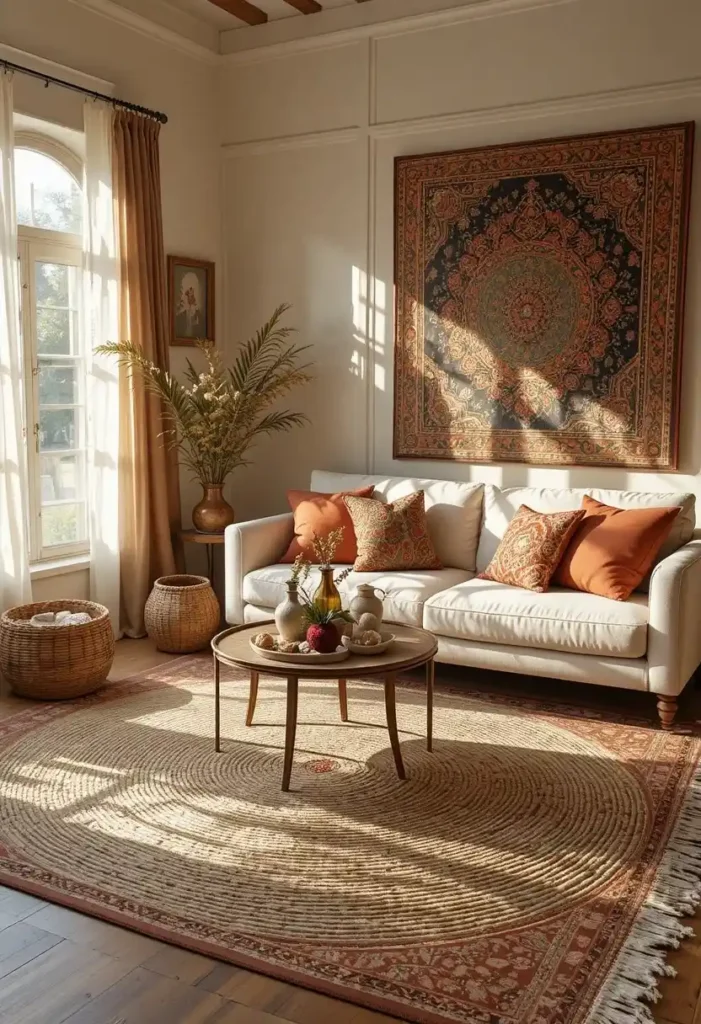 Layered jute and Persian rugs creating warmth and texture in a boho living room.