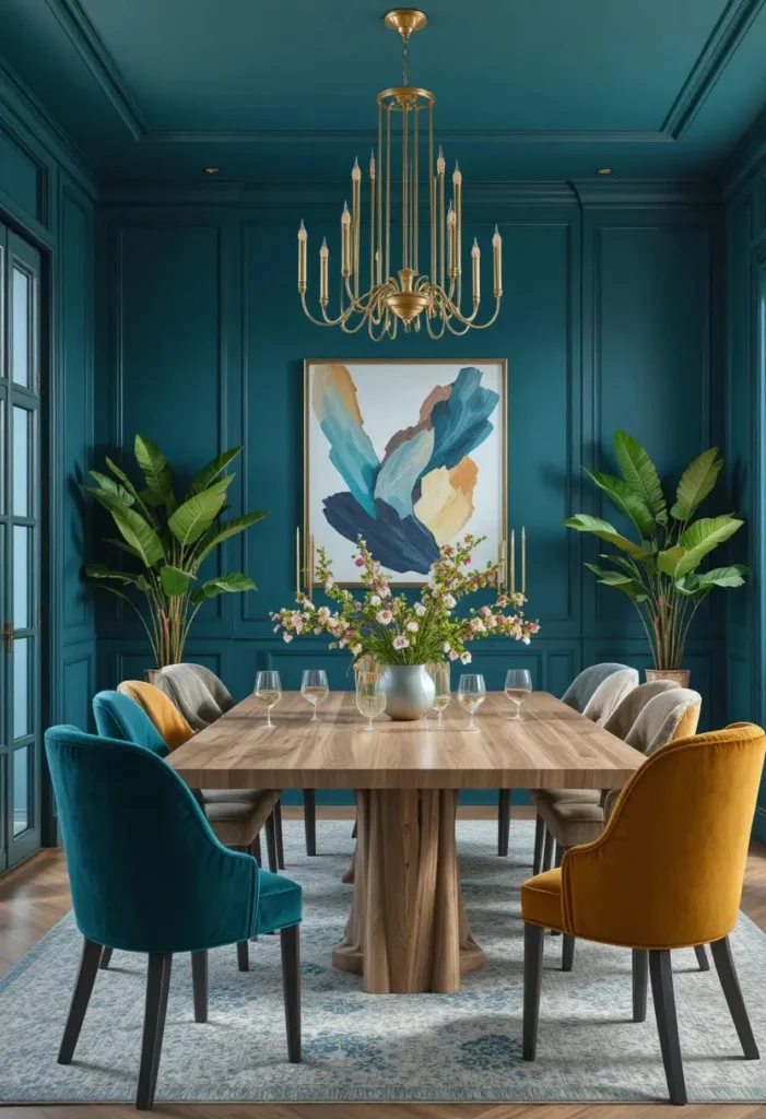 Teal blue dining room featuring colorful velvet dining chairs and brass chandelier.