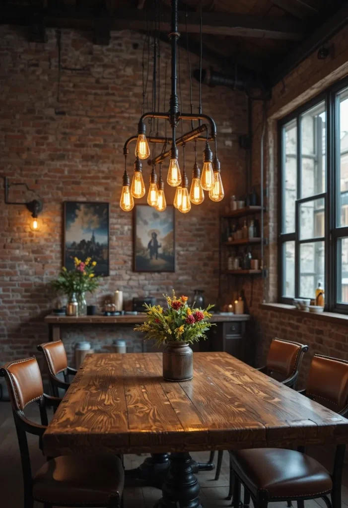 Industrial pipe chandelier with Edison bulbs above a reclaimed wood dining table.