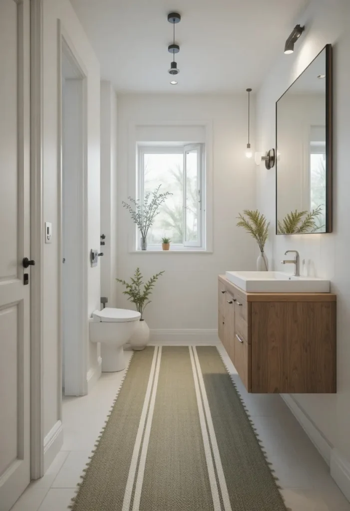 Striped runner rug making a narrow bathroom feel longer and more balanced.