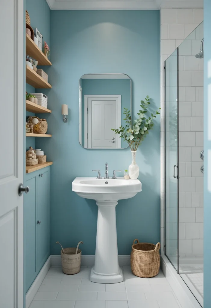 Soft powder blue bathroom walls with white fixtures and natural wood accents creating a bright and calming atmosphere.
