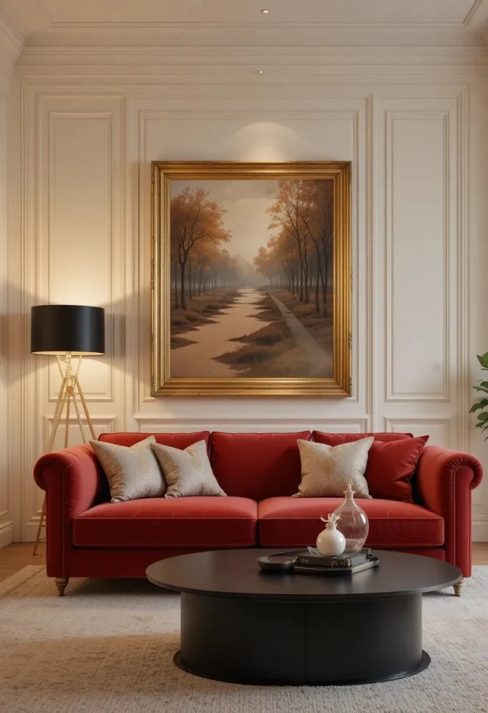 Red sofa with black and gold accents in a glamorous modern living room.