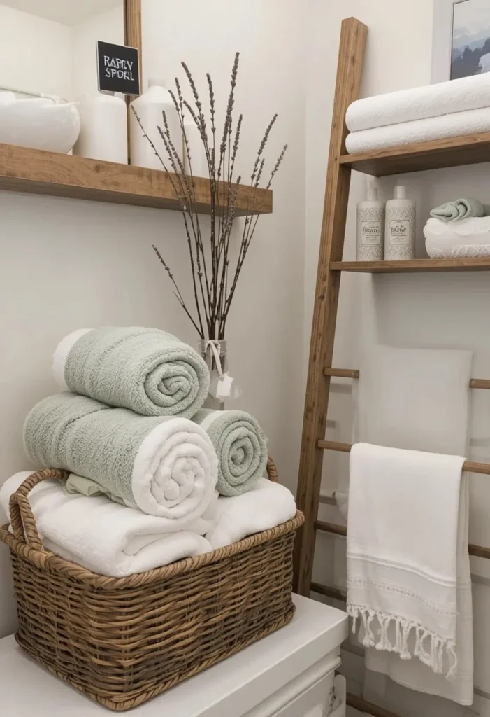 Rolled towels displayed in a basket creating a boutique hotel look