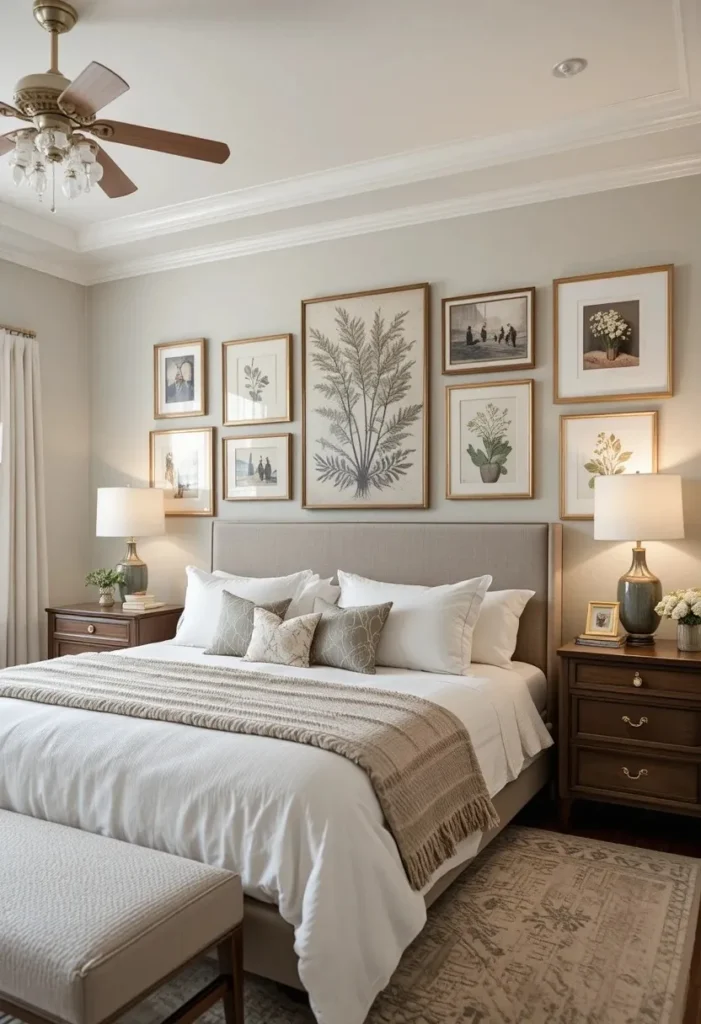 Master bedroom with a meaningful gallery wall above the bed.