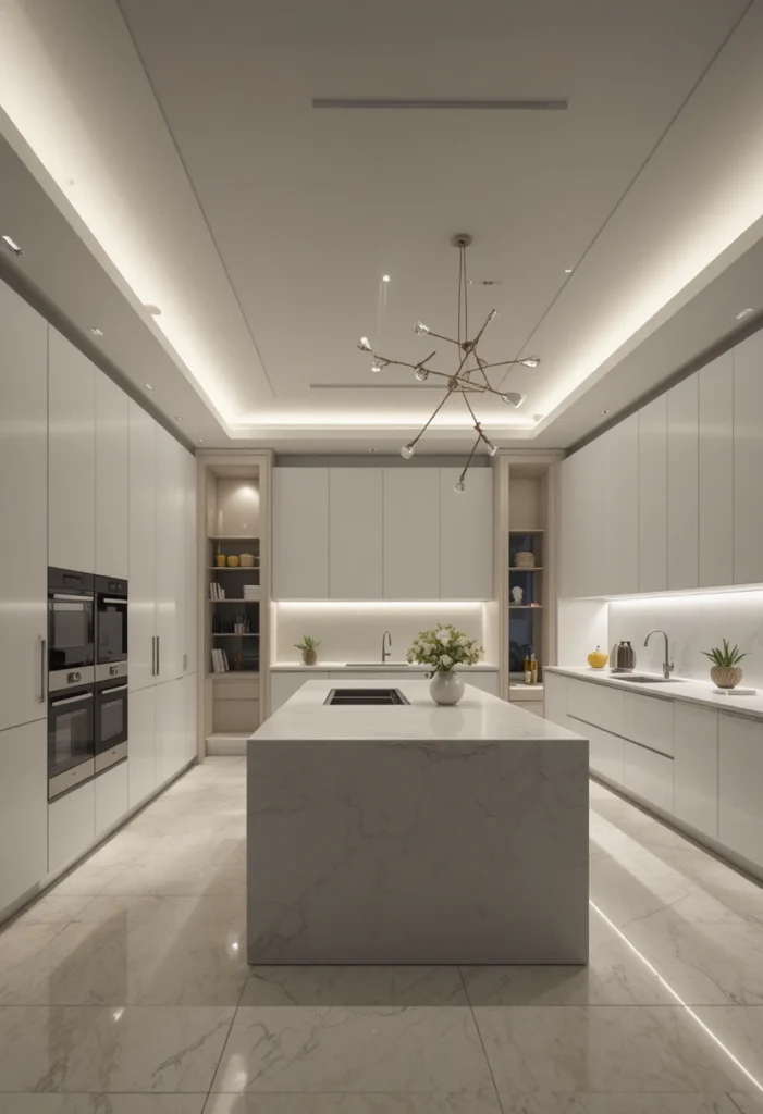 Contemporary kitchen with a seamless matte white stretch ceiling.