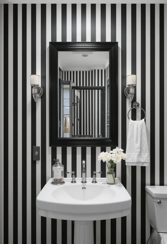 Bathroom with vertical black and white striped walls and elegant styling.
