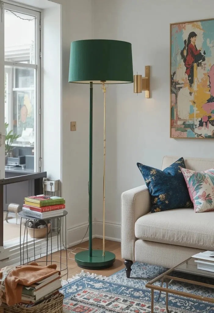 Colorful green floor lamp adding personality to a neutral living room.