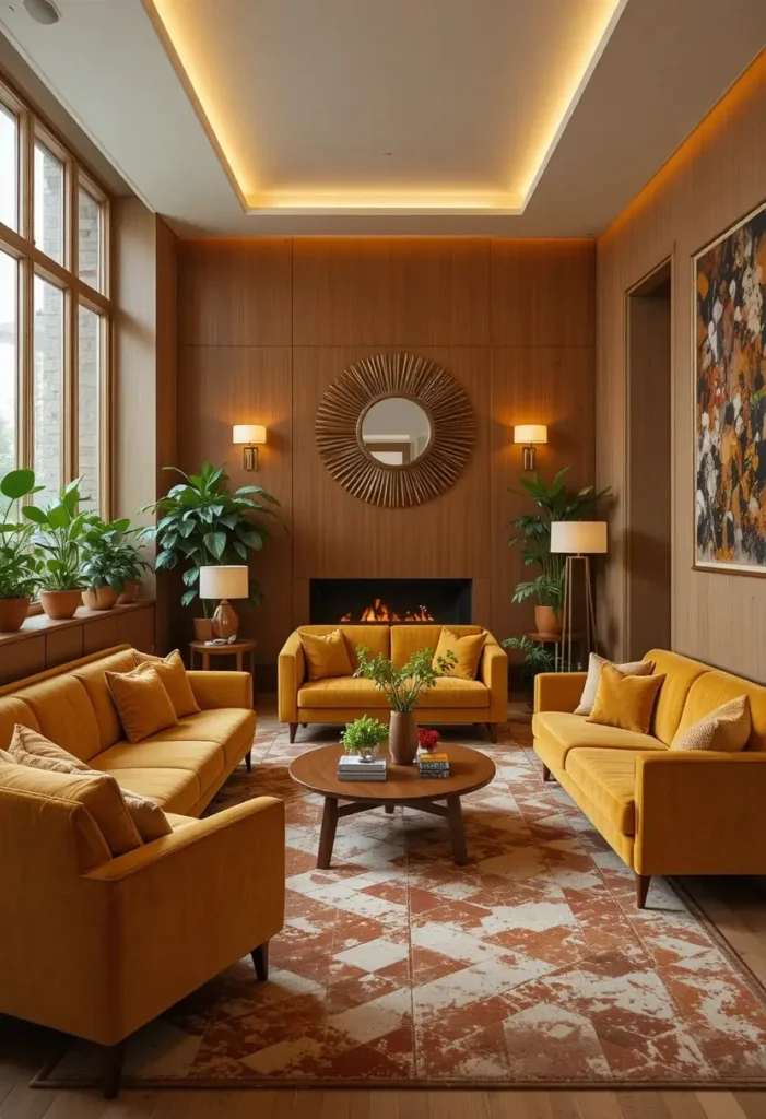 Mid-century modern sunken living room with mustard velvet seating and retro-inspired decor.