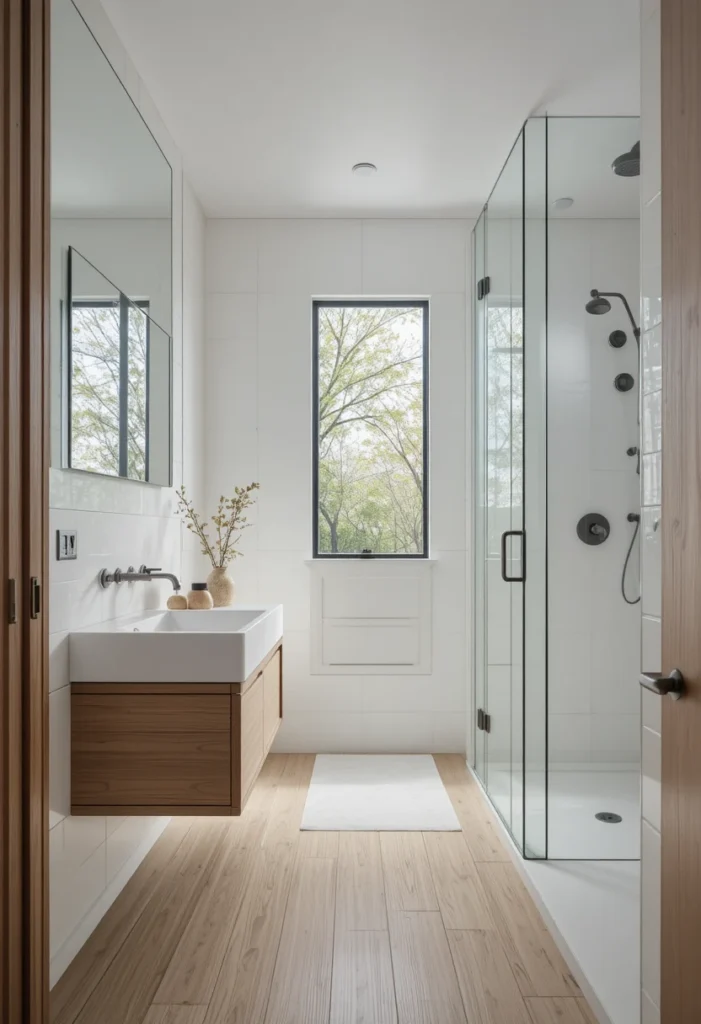 Full-length bathroom mirror reflecting light to make a small bathroom appear larger.