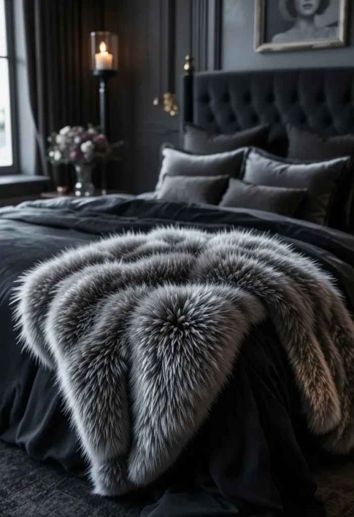 Silver faux fur throw adding texture and luxury to a black bedroom.