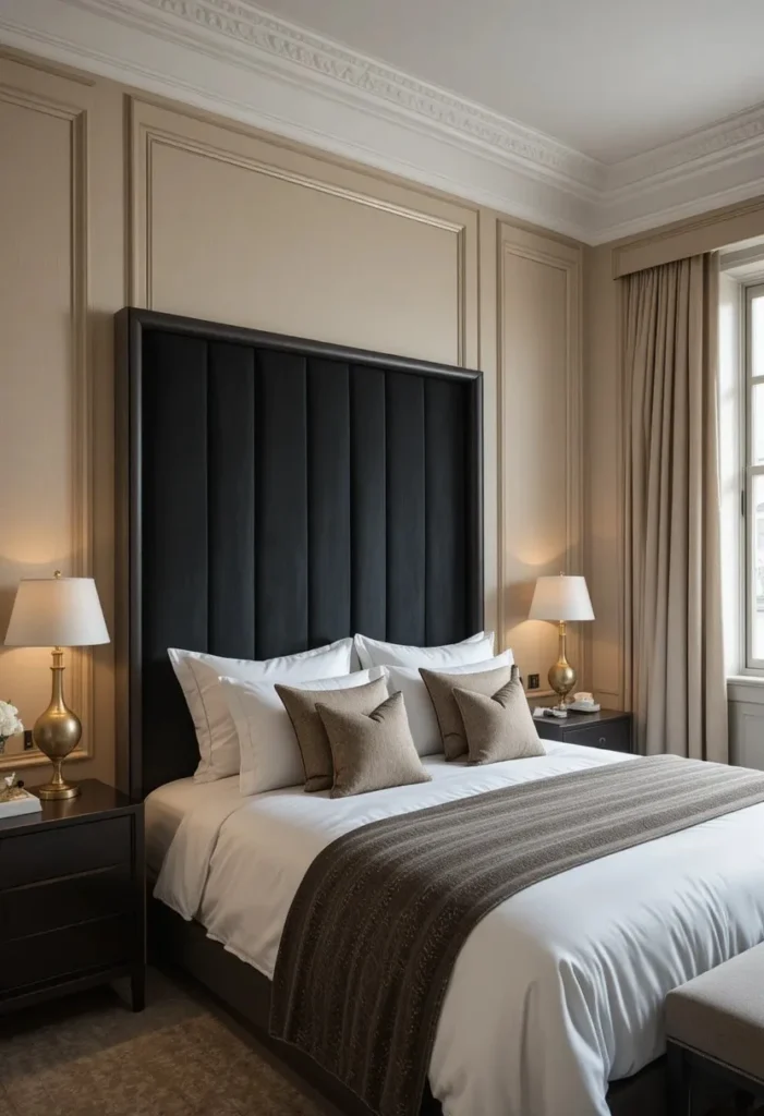 Bedroom with a tall black velvet headboard and soft neutral decor