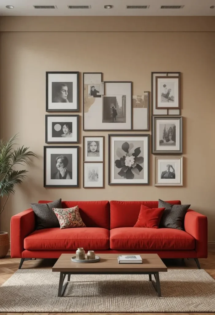 Red couch beneath a stylish gallery wall in a modern living room.