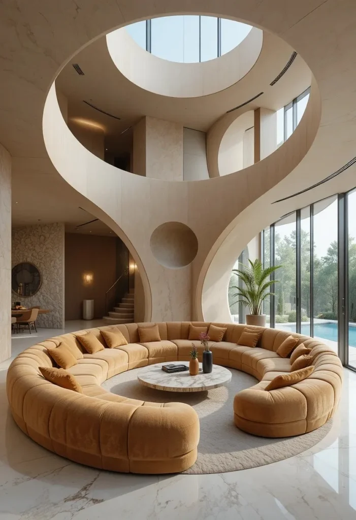 Curved sunken lounge with sculptural seating and a round marble coffee table.