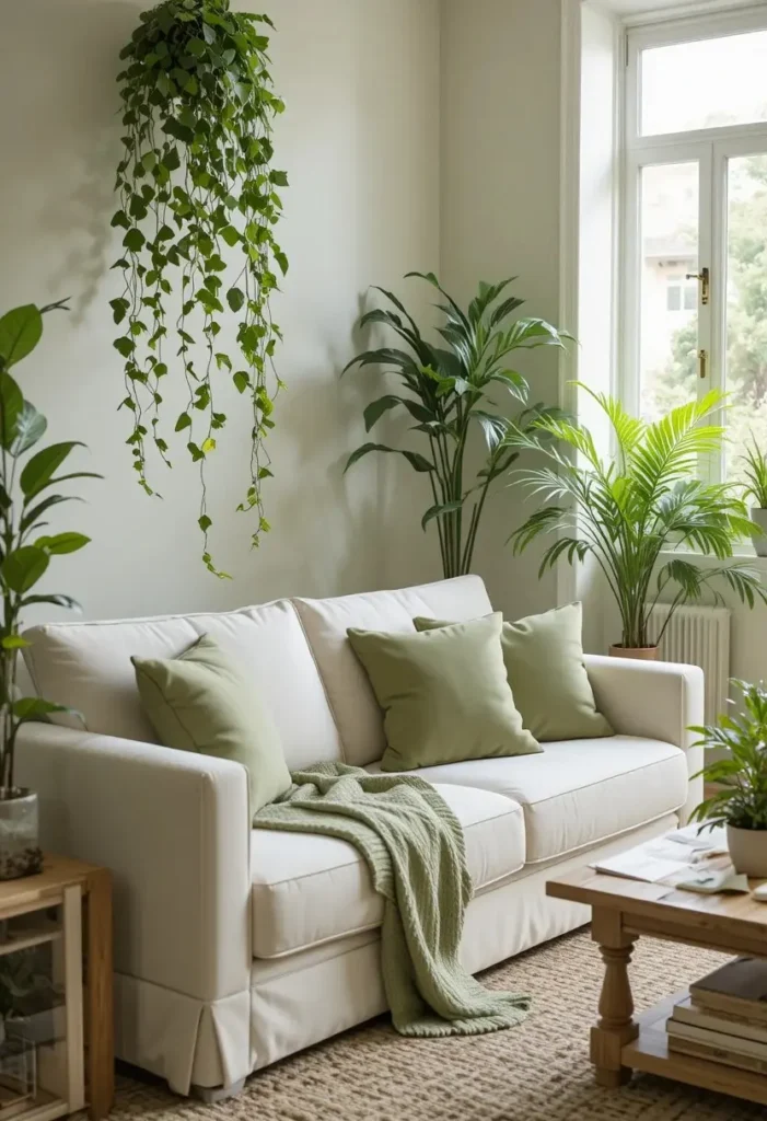 White couch styled with sage green accents and indoor plants for a fresh look.