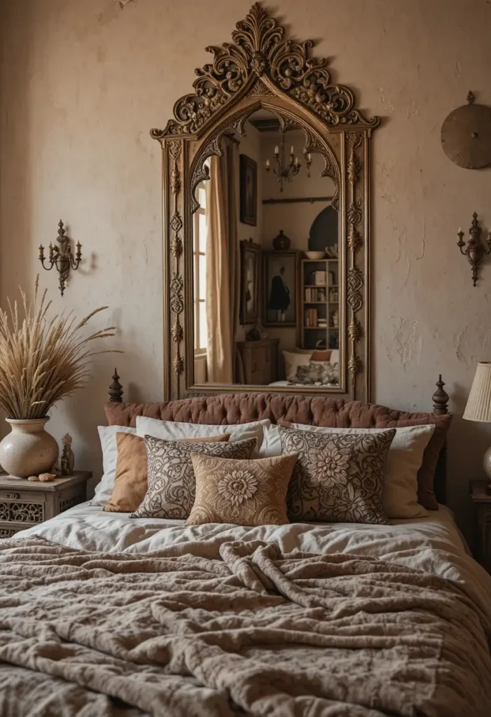 Moroccan arch mirror with decorative detailing in a boho bedroom.