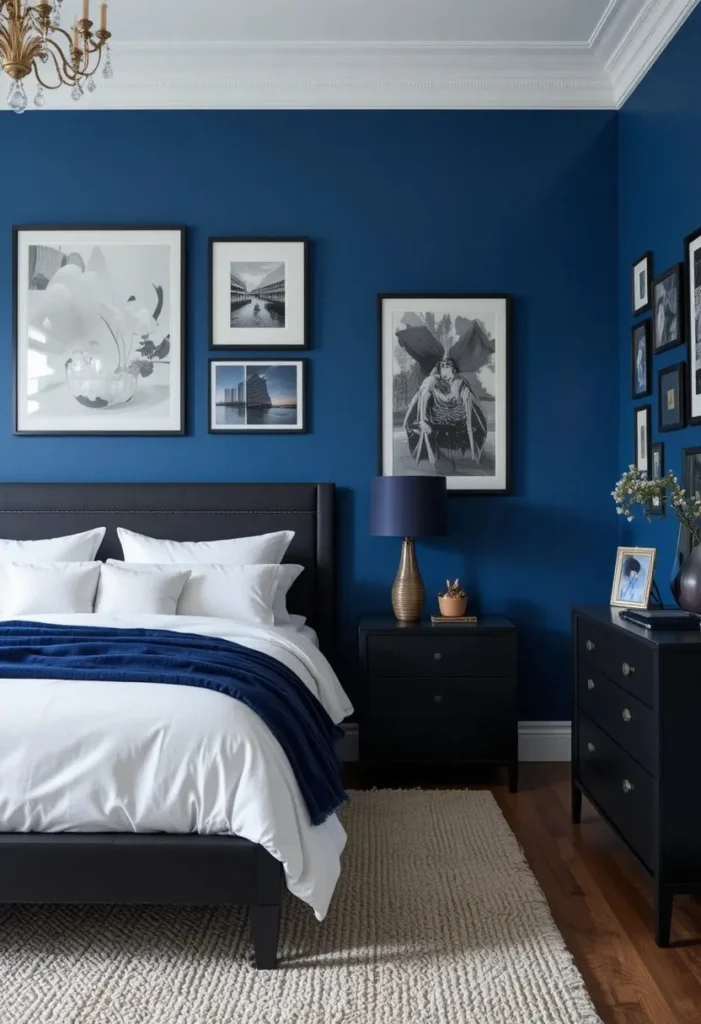 Bold blue bedroom with striking black accents and modern styling