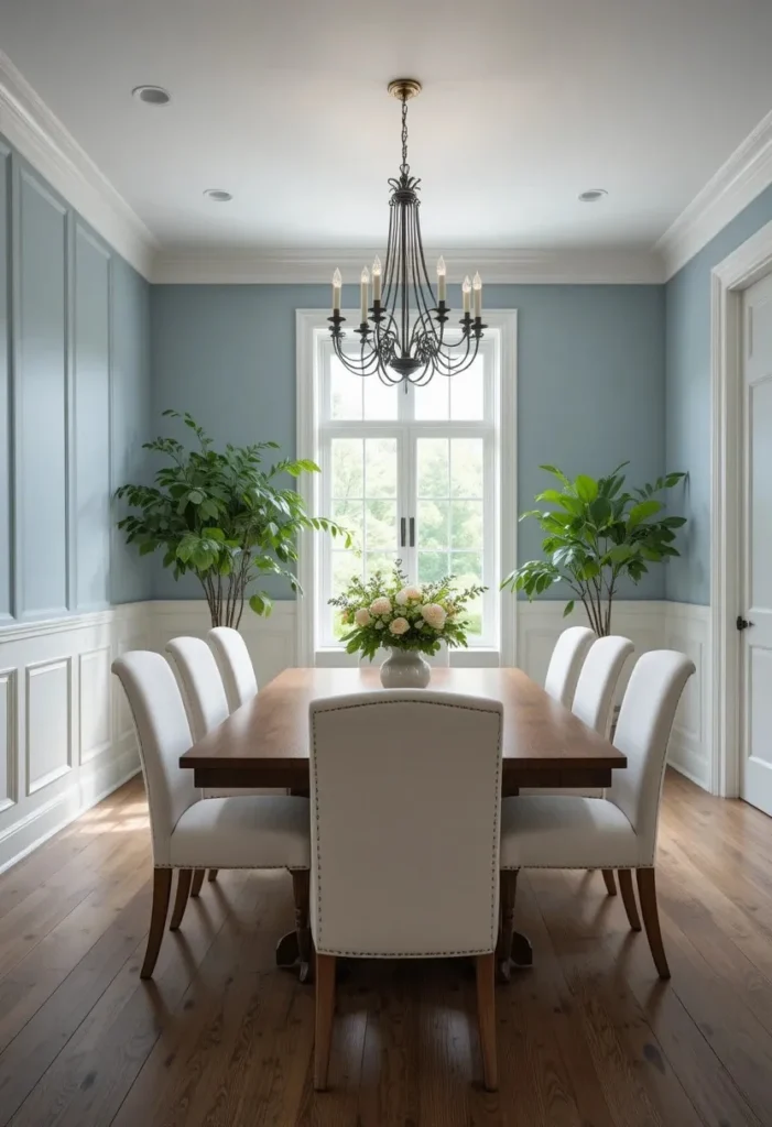 Blue dining room with white wainscoting, oak dining table, and elegant chandelier.