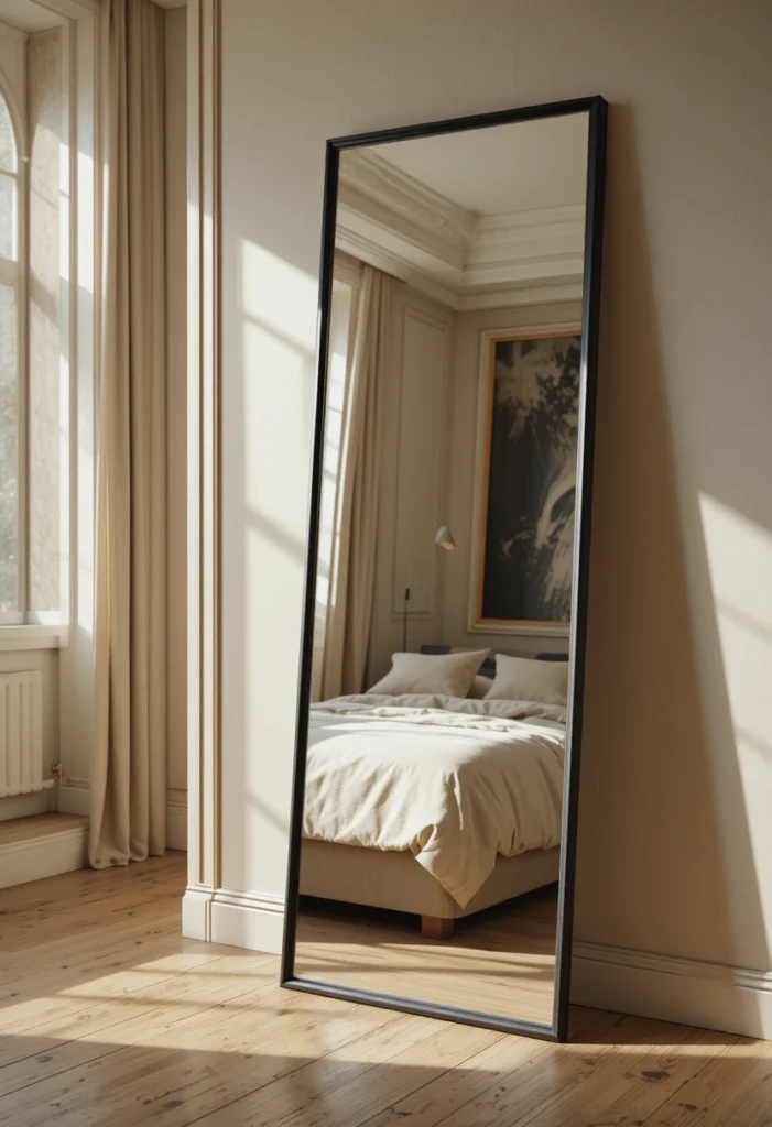 Floor-length leaning mirror beside a bed in a bright modern bedroom.