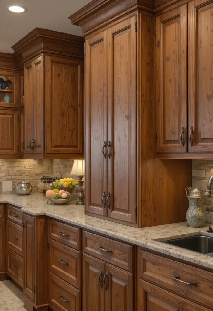 Hickory cabinets enhanced with rustic bronze hardware and warm finishes.