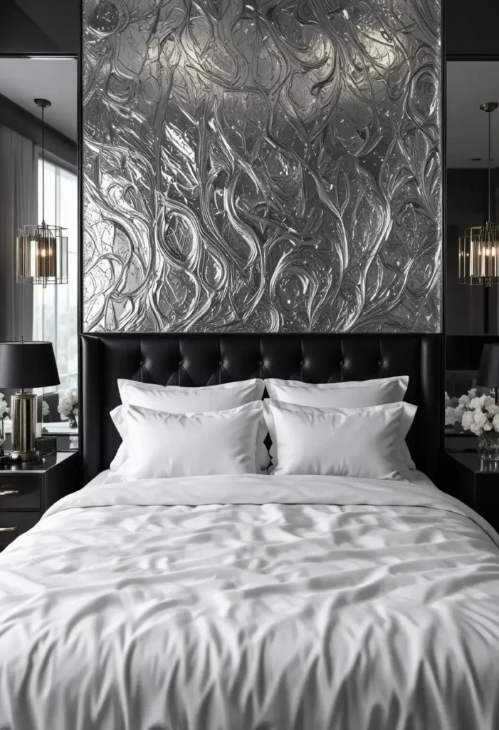 Silver textured wallpaper creating a dazzling accent wall behind the bed.