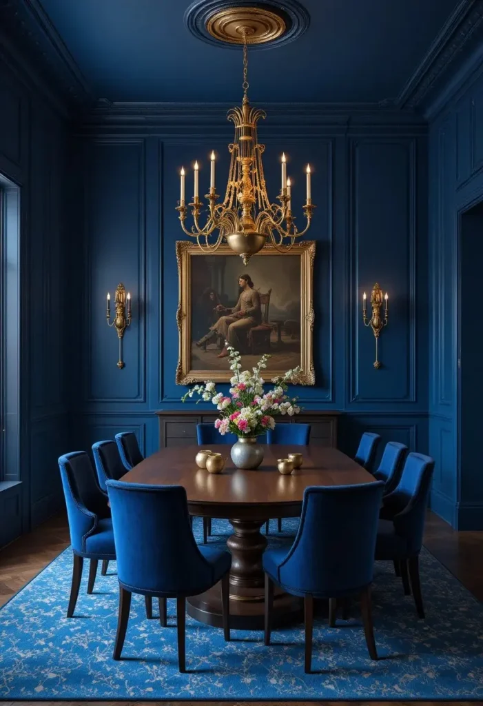 Indigo blue dining room featuring brass chandelier, walnut table, and velvet dining chairs.