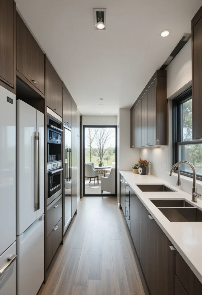 Efficient long kitchen with smart appliance placement and clean design