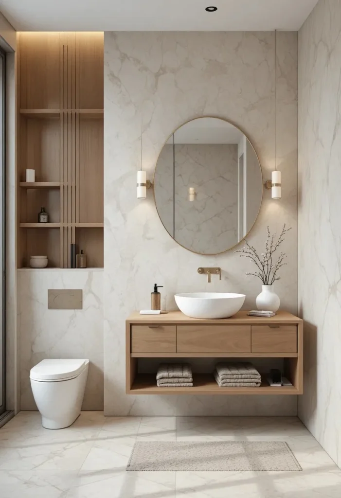 Soft geometric wallpaper bringing texture and elegance to a bathroom.