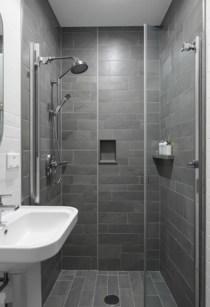 Small bathroom with a space-saving neo-angle corner walk-in shower and gray tile accents.