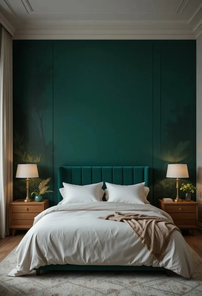 Forest green accent wall paired with brass accents and cream bedding.