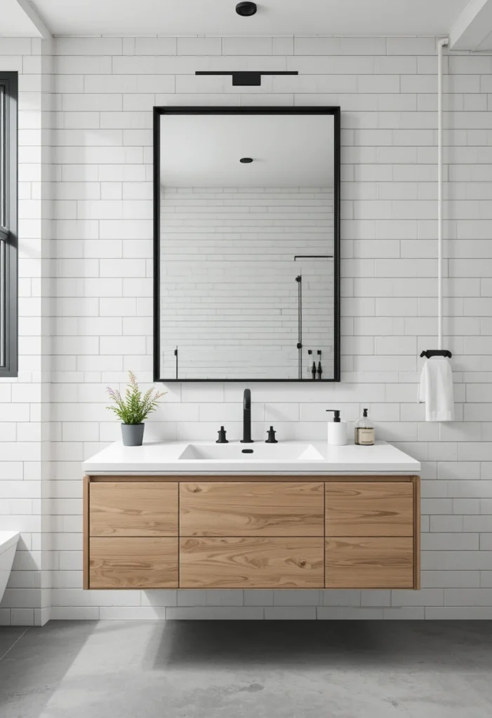 Large matte black framed bathroom mirror creating a bold modern contrast above a wood vanity.