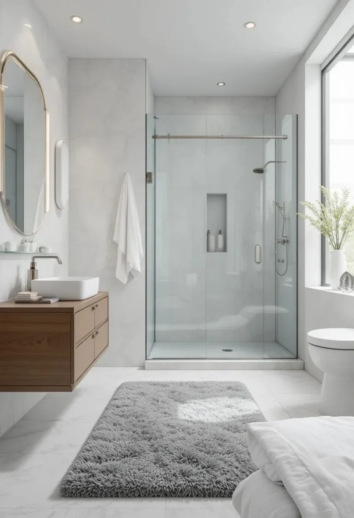 Soft gray memory foam bathroom rug providing comfort beside a shower.