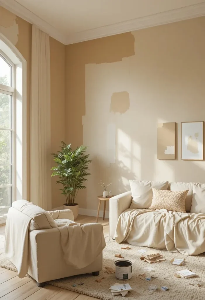Living room repaint process showing fresh warm wall color transforming the space.