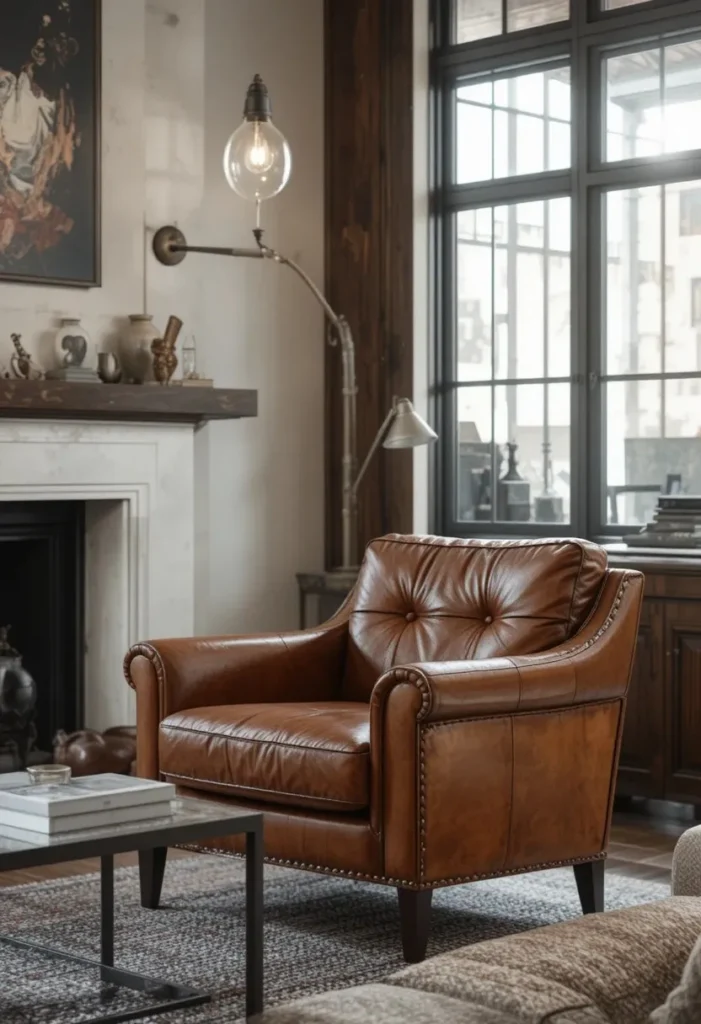 Cognac leather accent chair adding urban sophistication to a living room.