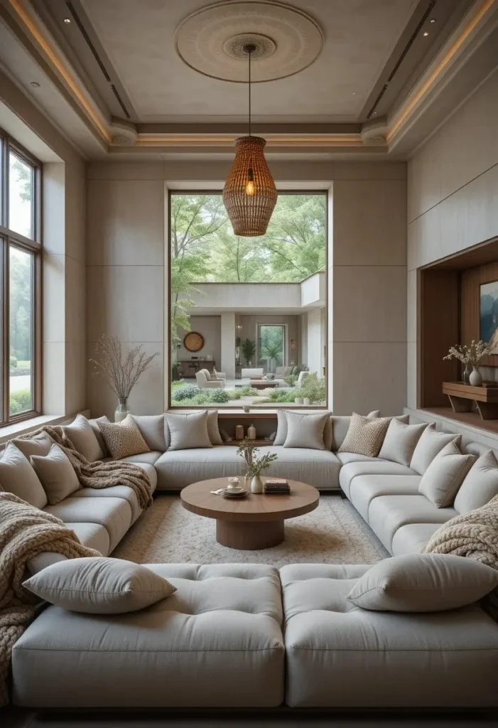 Cozy sunken living room with wraparound linen seating and walnut coffee table creating the perfect conversation pit.