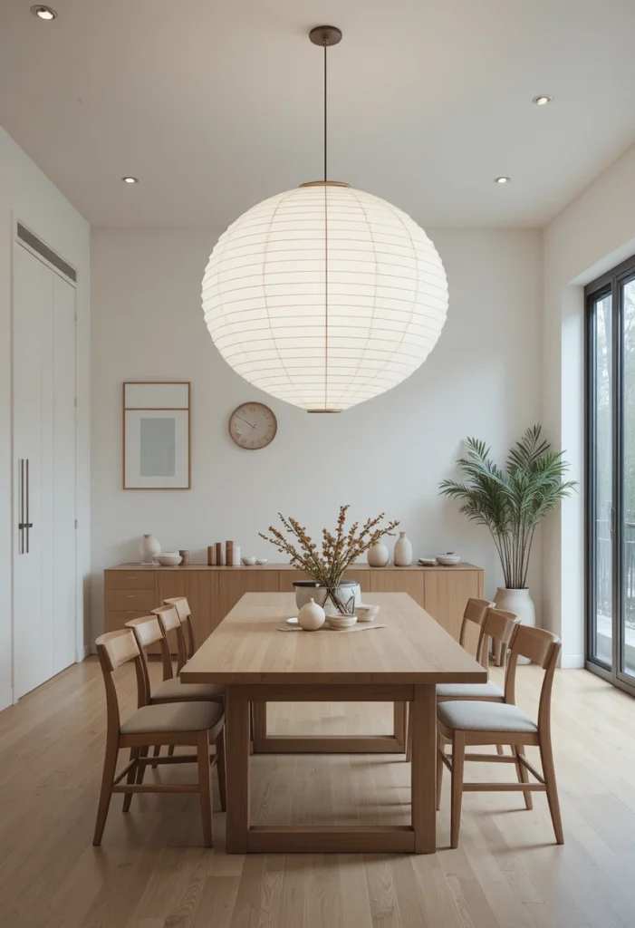 Oversized paper lantern chandelier creating a soft glow in a minimalist dining room.